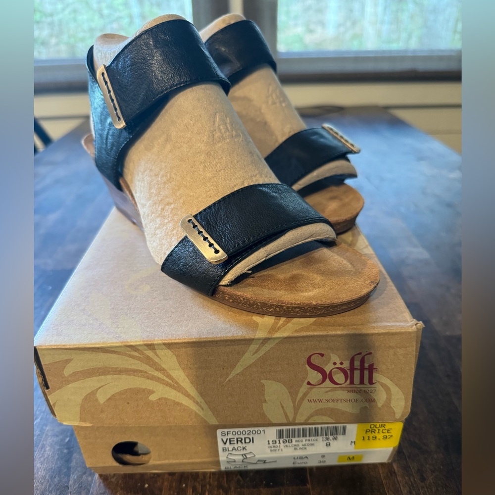Sofft Verdi Wedge Sandals, Black Leather, New with Box